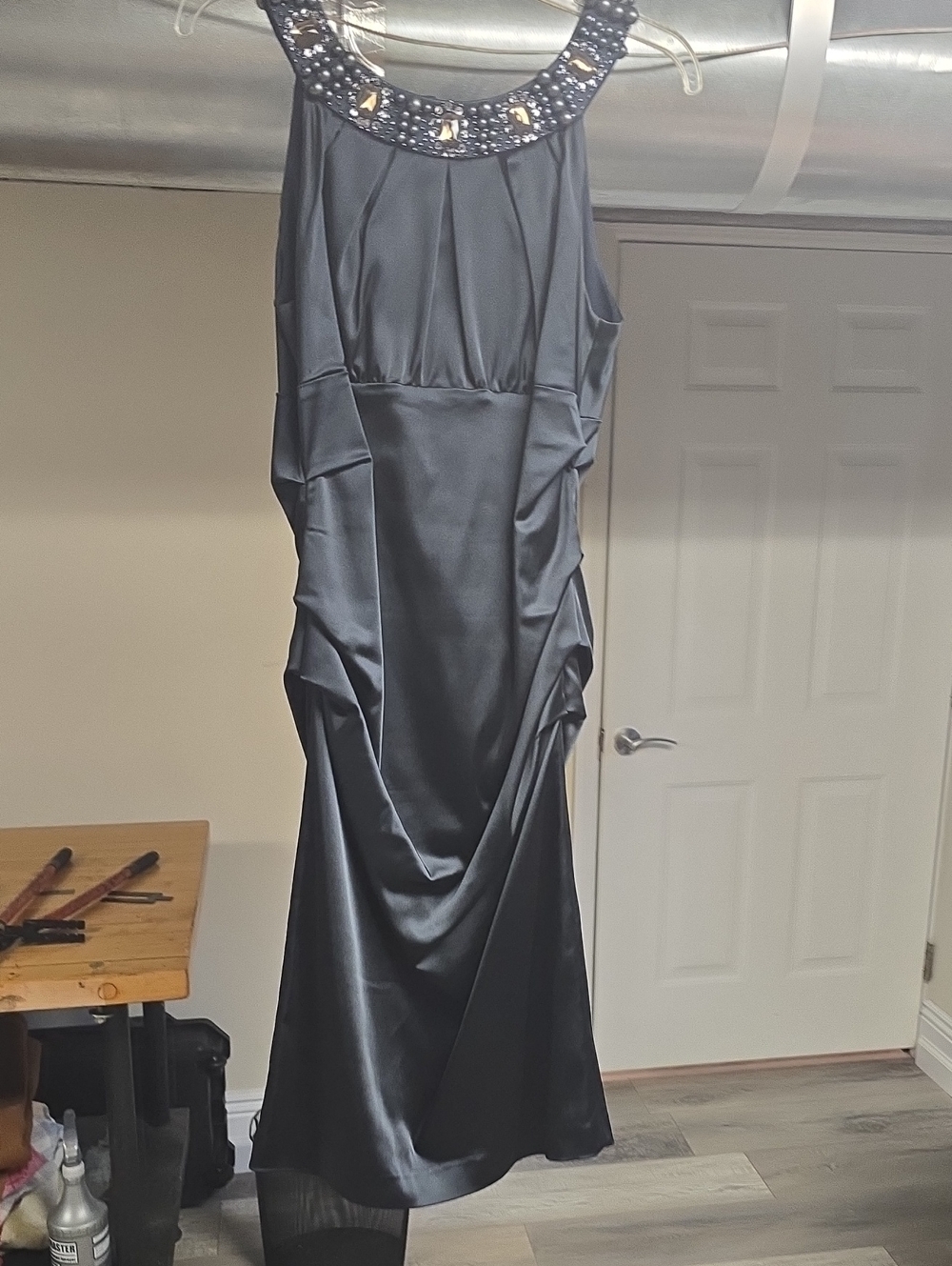 Elegant Black Beaded Neck Satin Evening Dress